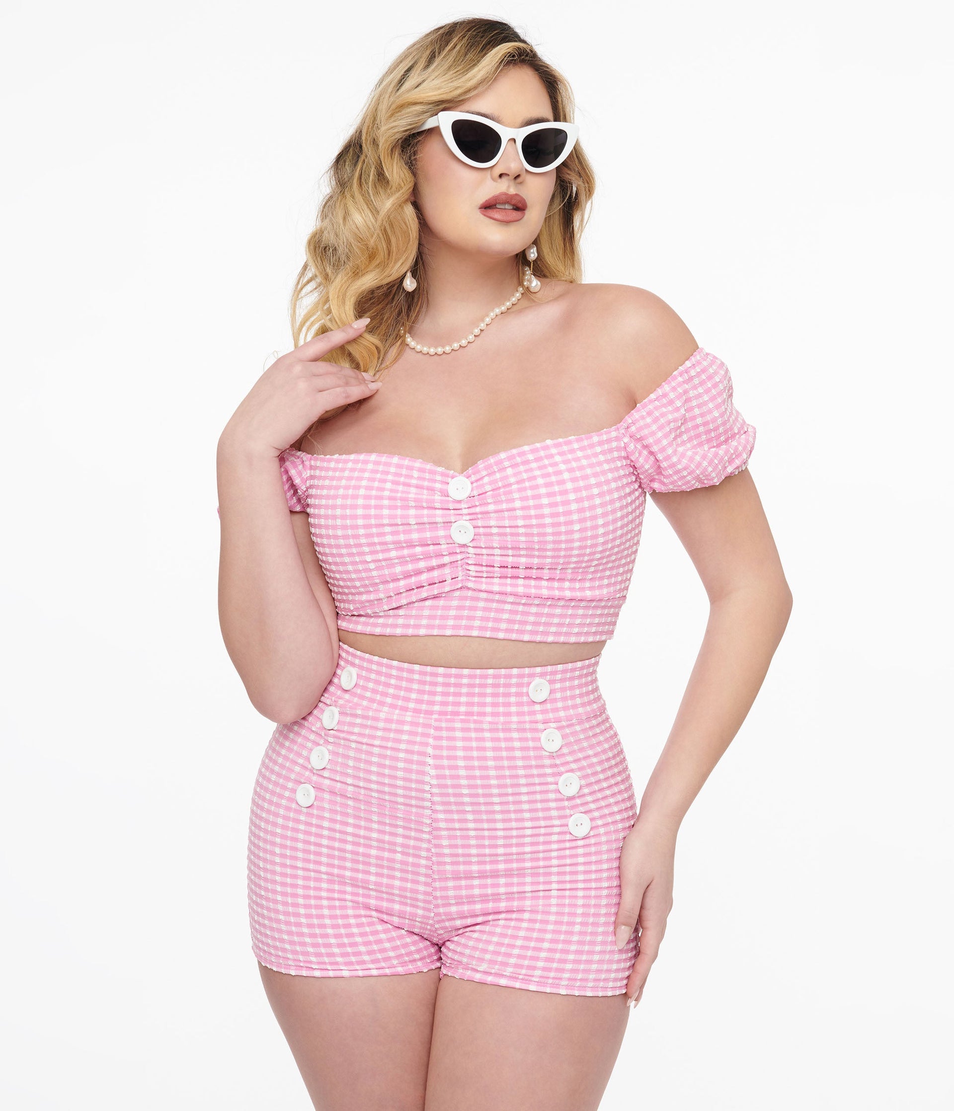 1950s Pink Gingham Seersucker Puff Sleeve Swim Top - Unique Vintage - Womens, SWIM, TOP