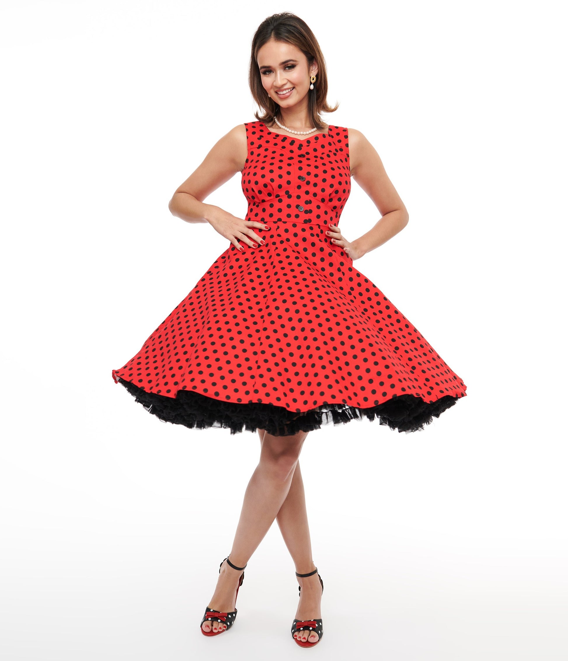 1950s Red & Black Polka Dot Fit & Flare Dress - Unique Vintage - Womens, DRESSES, FIT AND FLARE