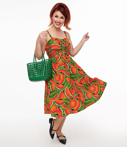 1950s Red & Green Watermelon Print Eden Fit & Flare Dress - Unique Vintage - Womens, DRESSES, SWING