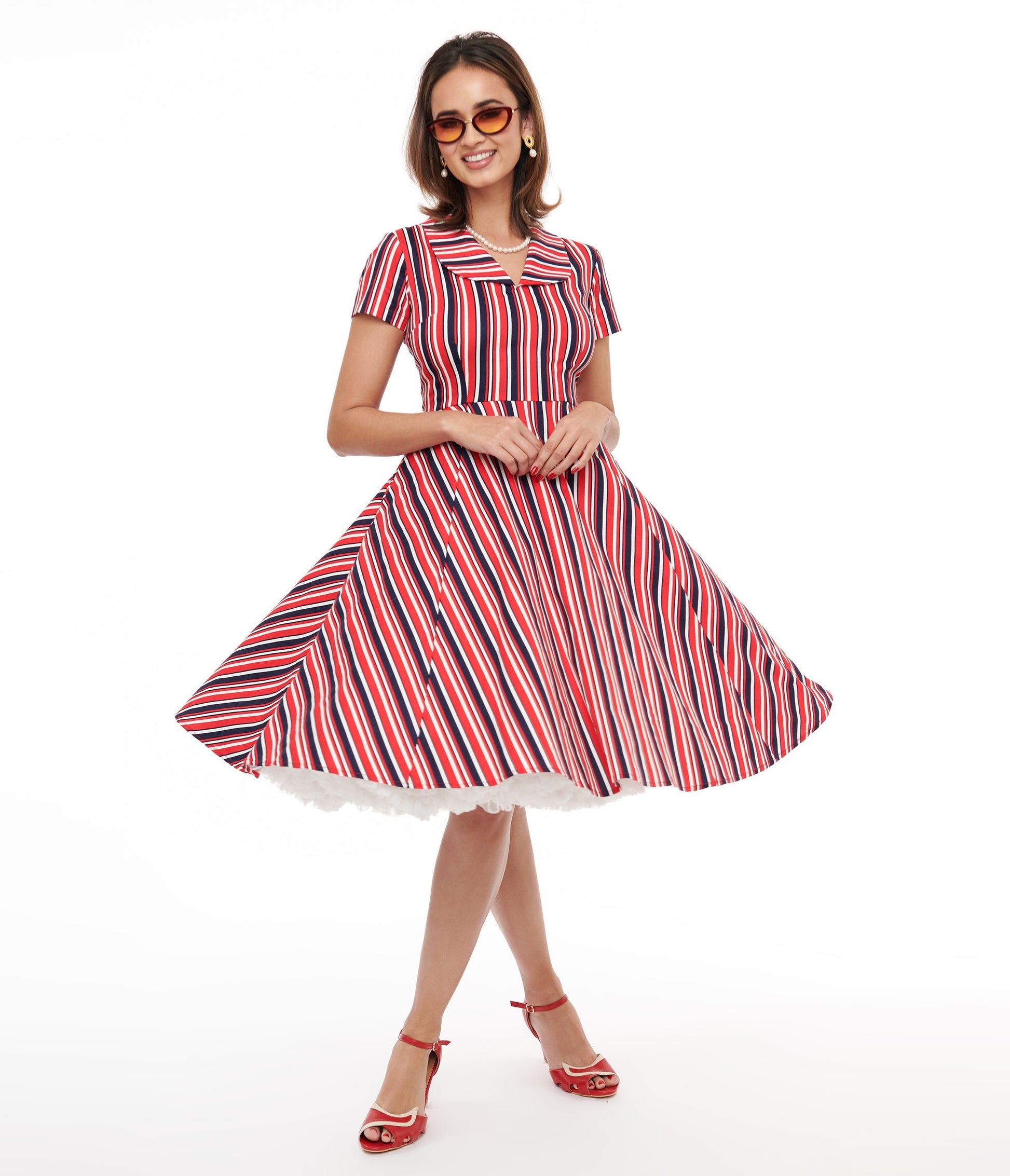 1950s Red & Navy Blue Striped Fit & Flare Dress - Unique Vintage - Womens, DRESSES, FIT AND FLARE