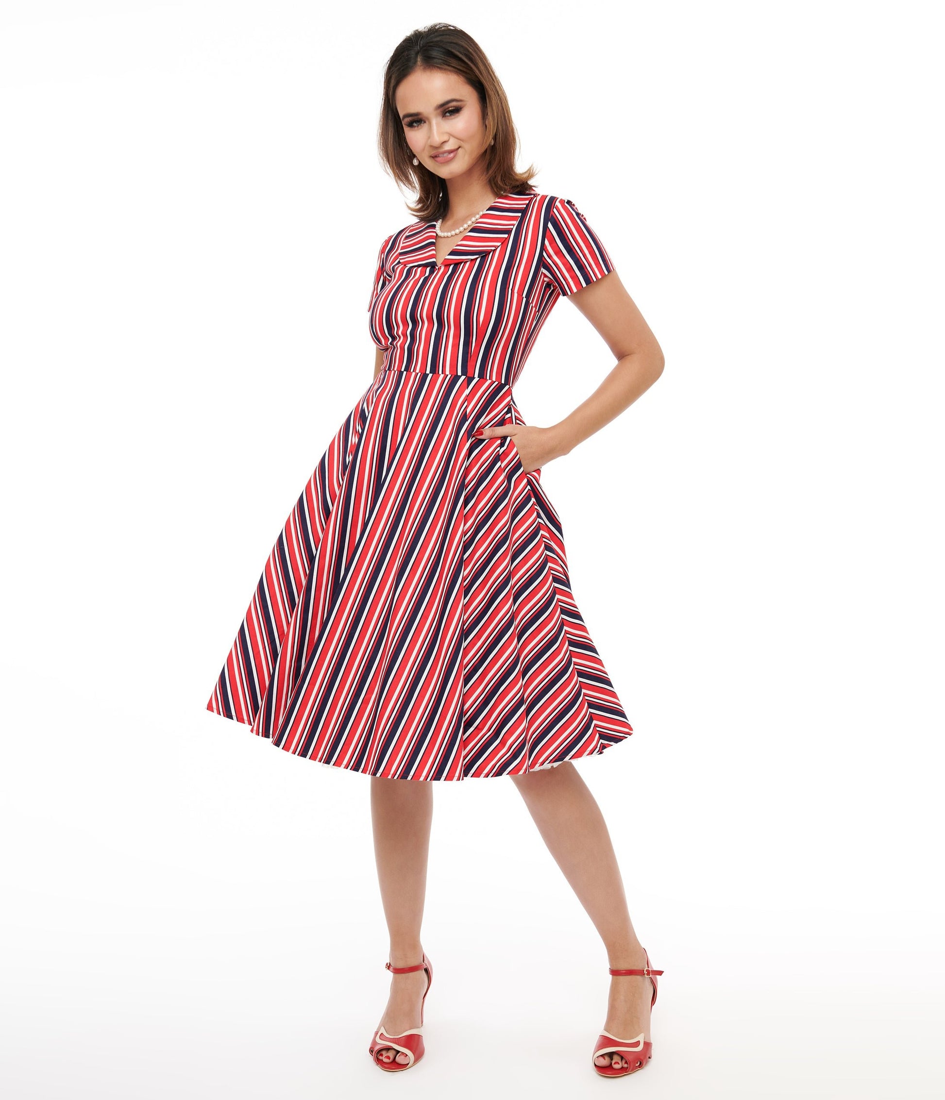 1950s Red & Navy Blue Striped Fit & Flare Dress - Unique Vintage - Womens, DRESSES, FIT AND FLARE