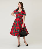 1950s Red Tartan Plaid Cotton Swing Dress - Unique Vintage - Womens, DRESSES, SWING