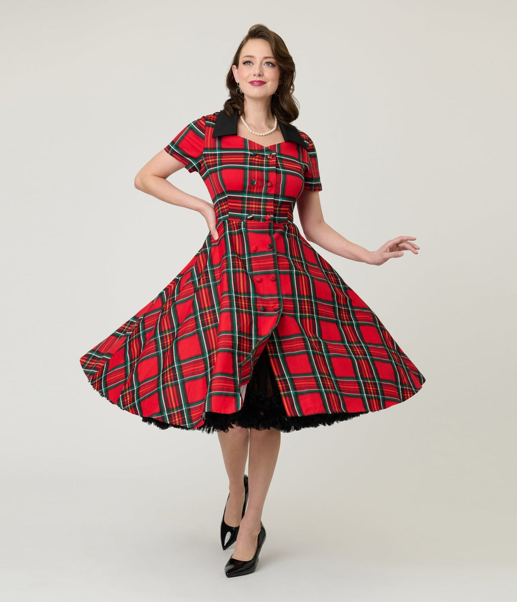 1950s Red Tartan Plaid Cotton Swing Dress - Unique Vintage - Womens, DRESSES, SWING