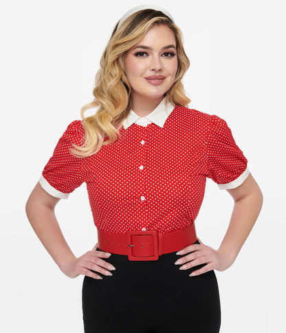 1950s Red & White Pin Dot Cotton Blouse - Unique Vintage - Womens, TOPS, WOVEN TOPS