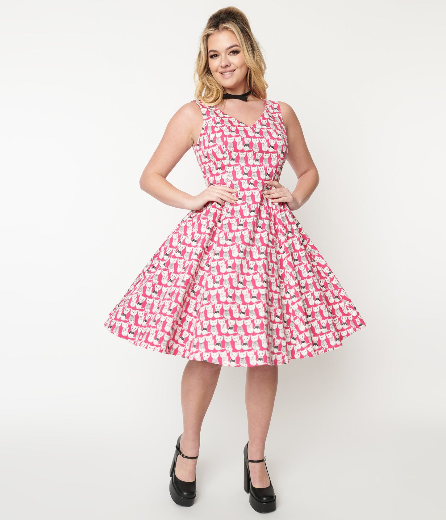 1950s Style Hot Pink Cat Print Sleeveless Swing Dress - Unique Vintage - Womens, DRESSES, SWING