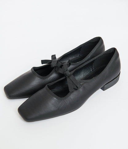 1960s Black Leatherette Bow Strap Flats - Unique Vintage - Womens, SHOES, FLATS