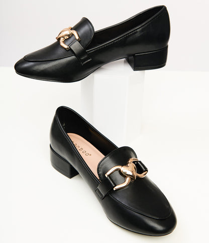 1960s Black Leatherette Heart Chain Loafers - Unique Vintage - Womens, SHOES, LOAFERS