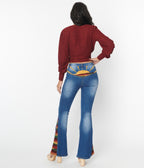 1970s Blue Denim Sun Embroidered Jeans - Unique Vintage - Womens, BOTTOMS, JEANS