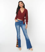 1970s Blue Denim Sun Embroidered Jeans - Unique Vintage - Womens, BOTTOMS, JEANS