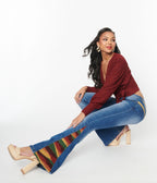 1970s Blue Denim Sun Embroidered Jeans - Unique Vintage - Womens, BOTTOMS, JEANS