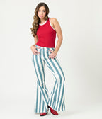 1970s Deep Teal Striped Bell Bottom Jeans - Unique Vintage - Womens, BOTTOMS, JEANS