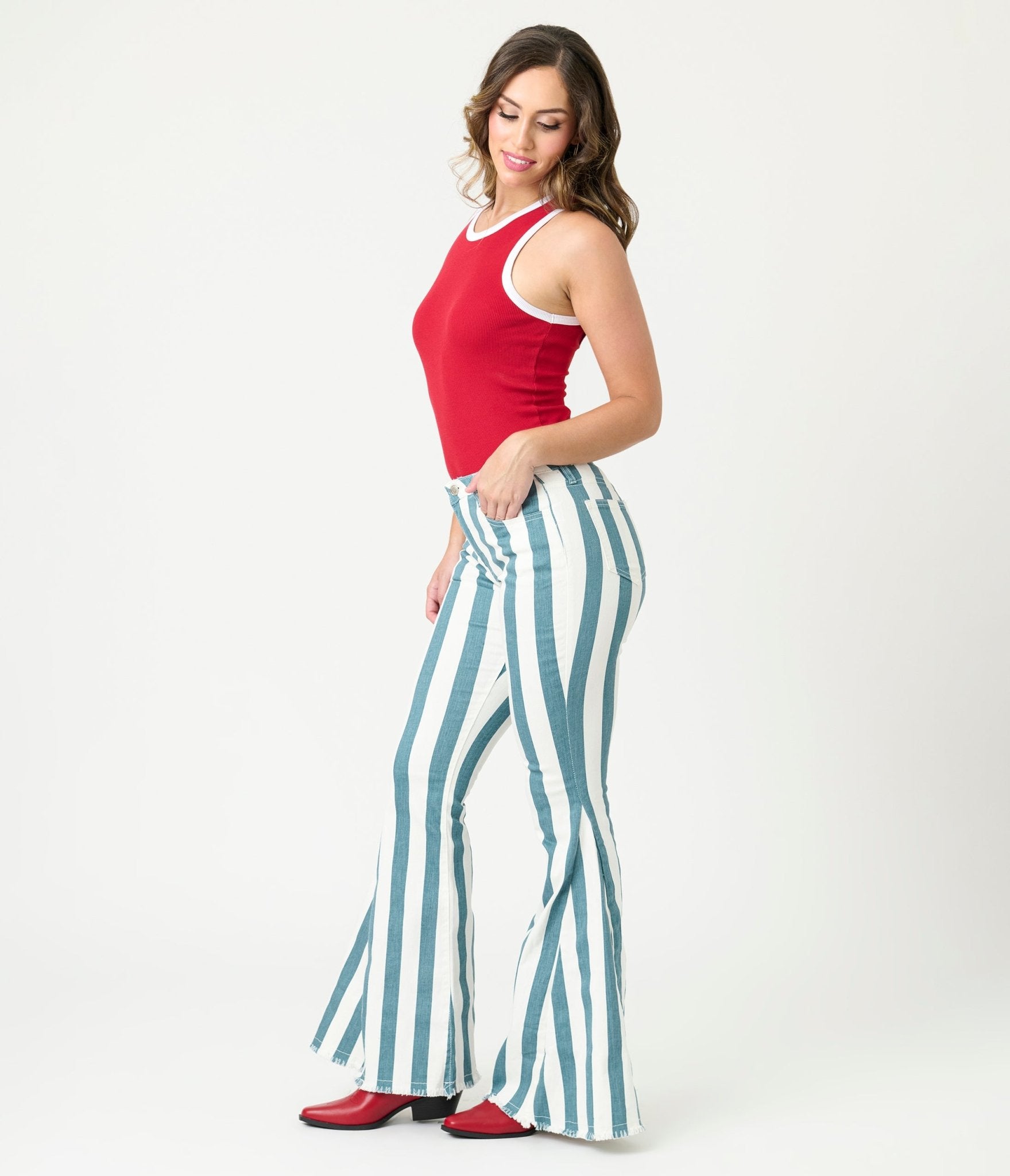 1970s Deep Teal Striped Bell Bottom Jeans - Unique Vintage - Womens, BOTTOMS, JEANS