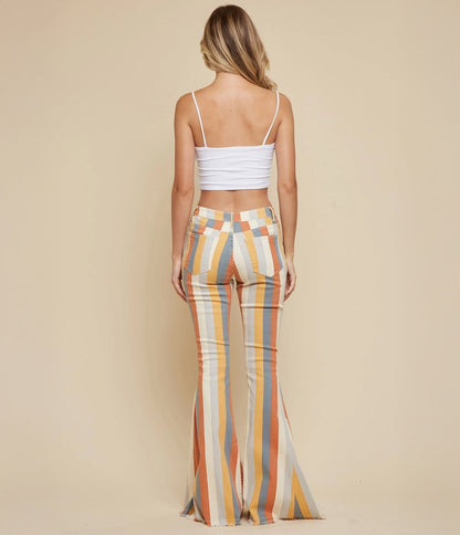 1970s Multicolor Earth Striped Bell Bottom Jeans - Unique Vintage - Womens, BOTTOMS, JEANS