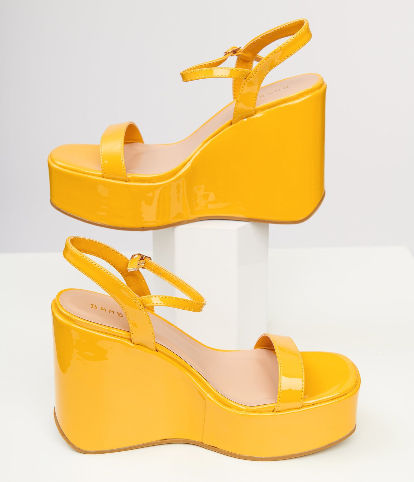 1970s Mustard Yellow Leatherette Platform Sandal Wedge - Unique Vintage - Womens, SHOES, SANDALS