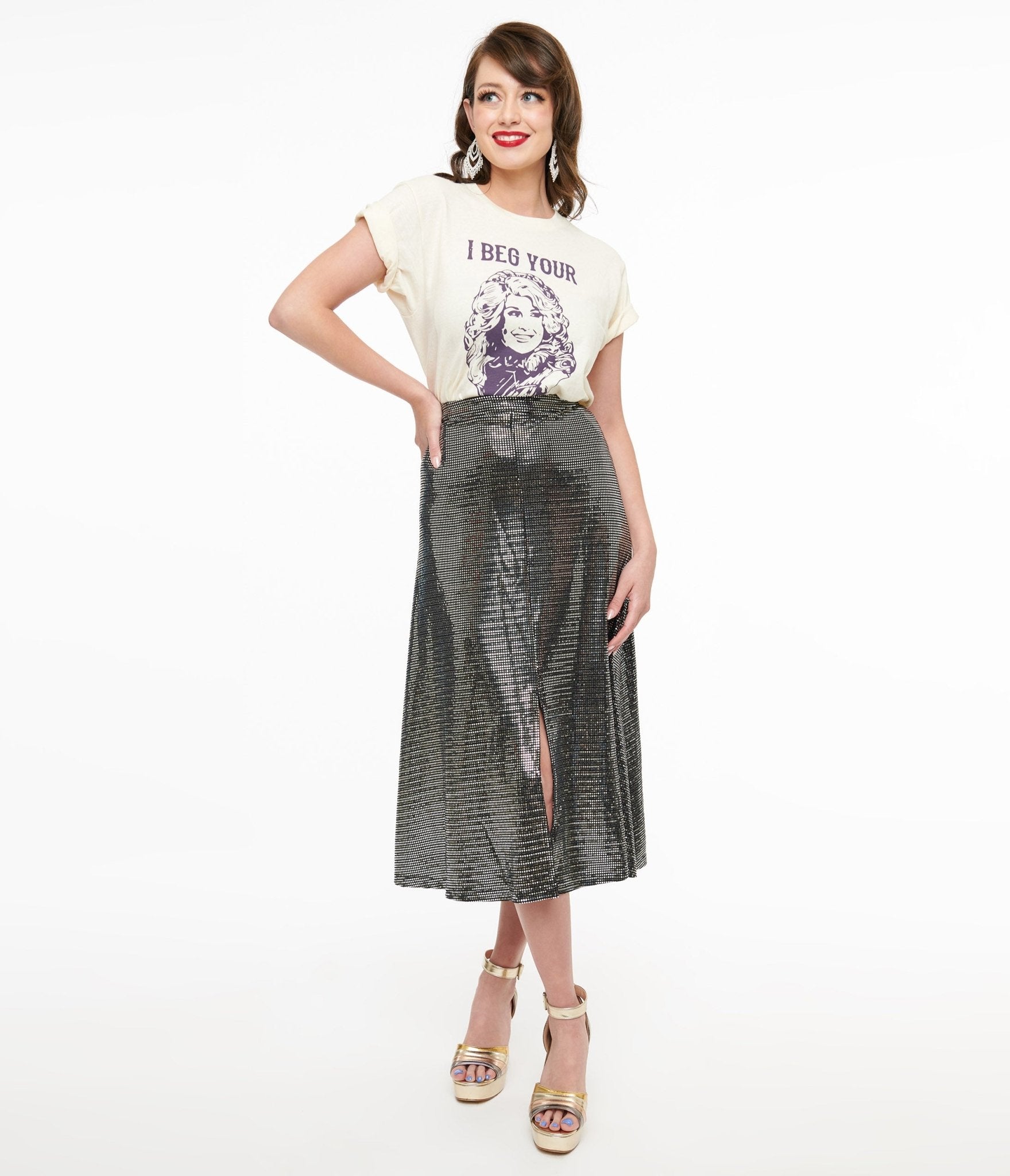 1970s Silver Boogie Night Midi Skirt - Unique Vintage - Womens, BOTTOMS, SKIRTS