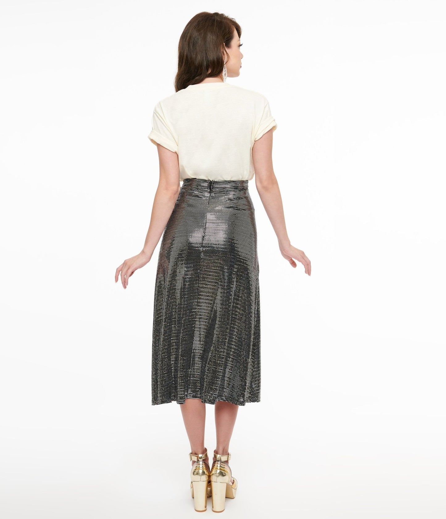 1970s Silver Boogie Night Midi Skirt - Unique Vintage - Womens, BOTTOMS, SKIRTS