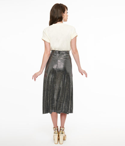 1970s Silver Boogie Night Midi Skirt - Unique Vintage - Womens, BOTTOMS, SKIRTS