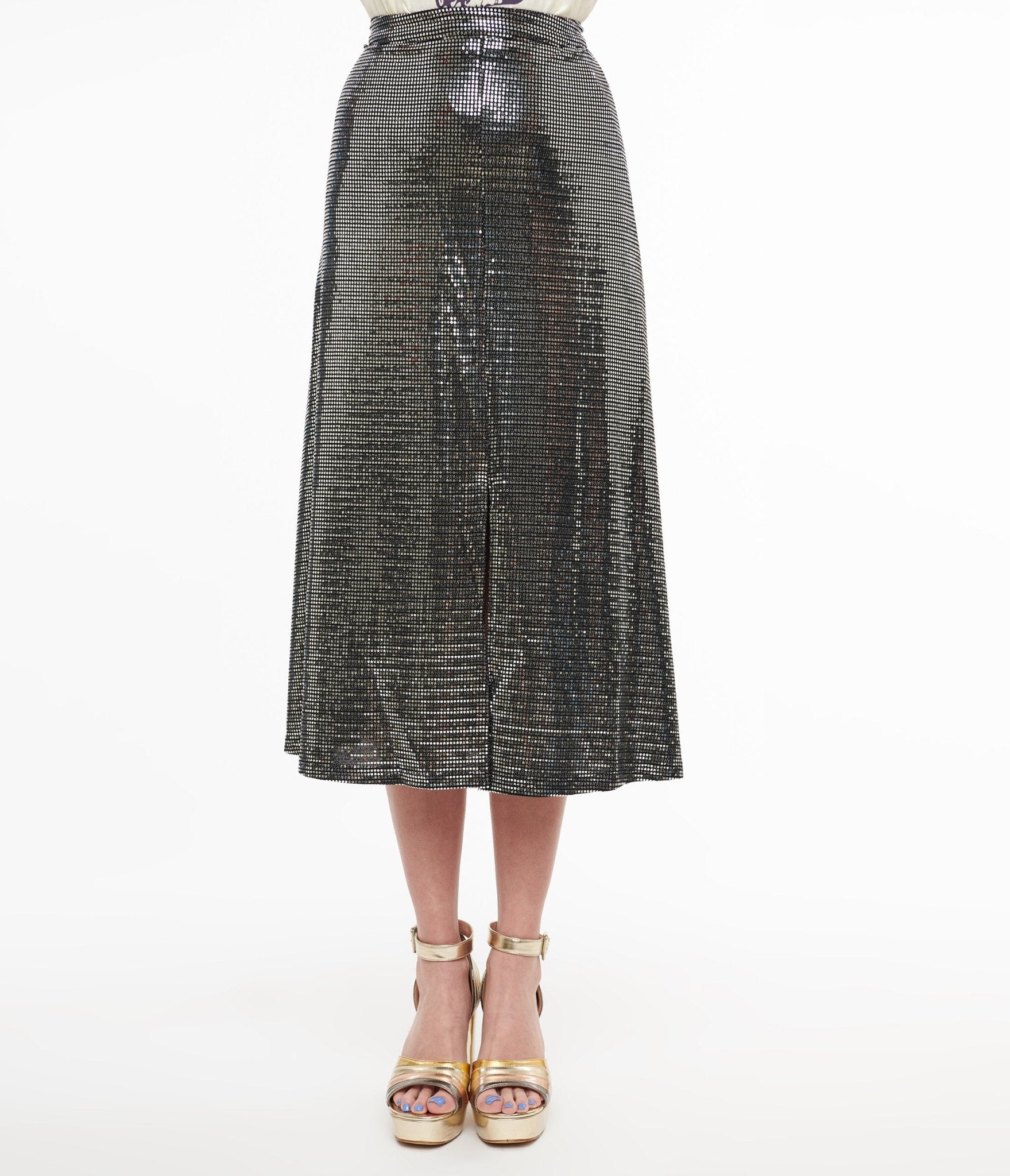 1970s Silver Boogie Night Midi Skirt - Unique Vintage - Womens, BOTTOMS, SKIRTS