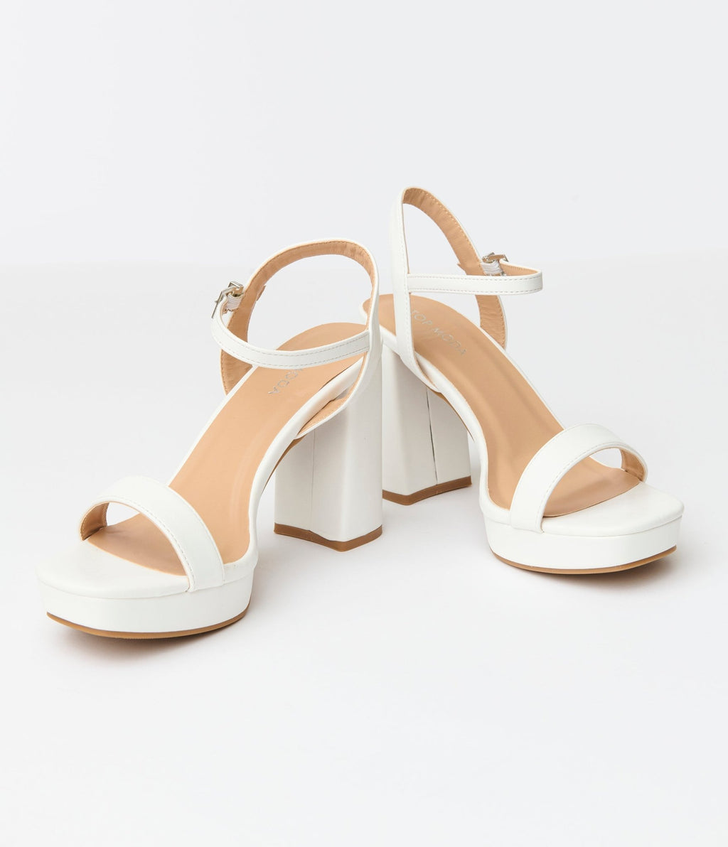 1970s White Leatherette Platform Sandals - Unique Vintage - Womens, SHOES, HEELS