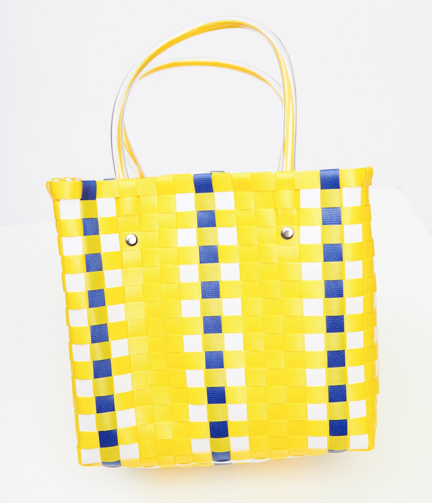 1970s Yellow & Blue Woven Basket Bag - Unique Vintage - Womens, ACCESSORIES, HANDBAGS