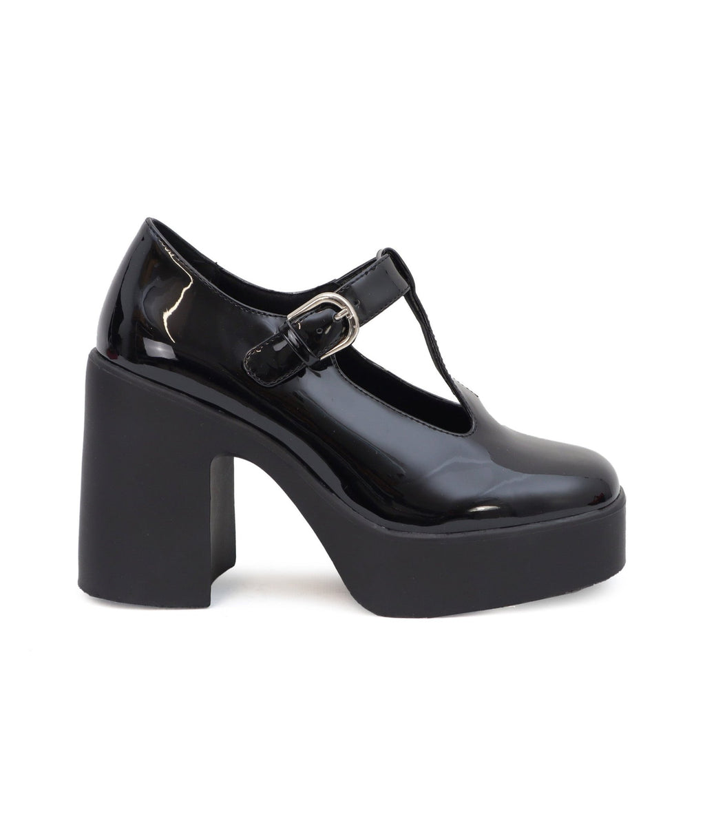 1990s Black Patent Leatherette T - Strap Platforms - Unique Vintage - Womens, SHOES, HEELS