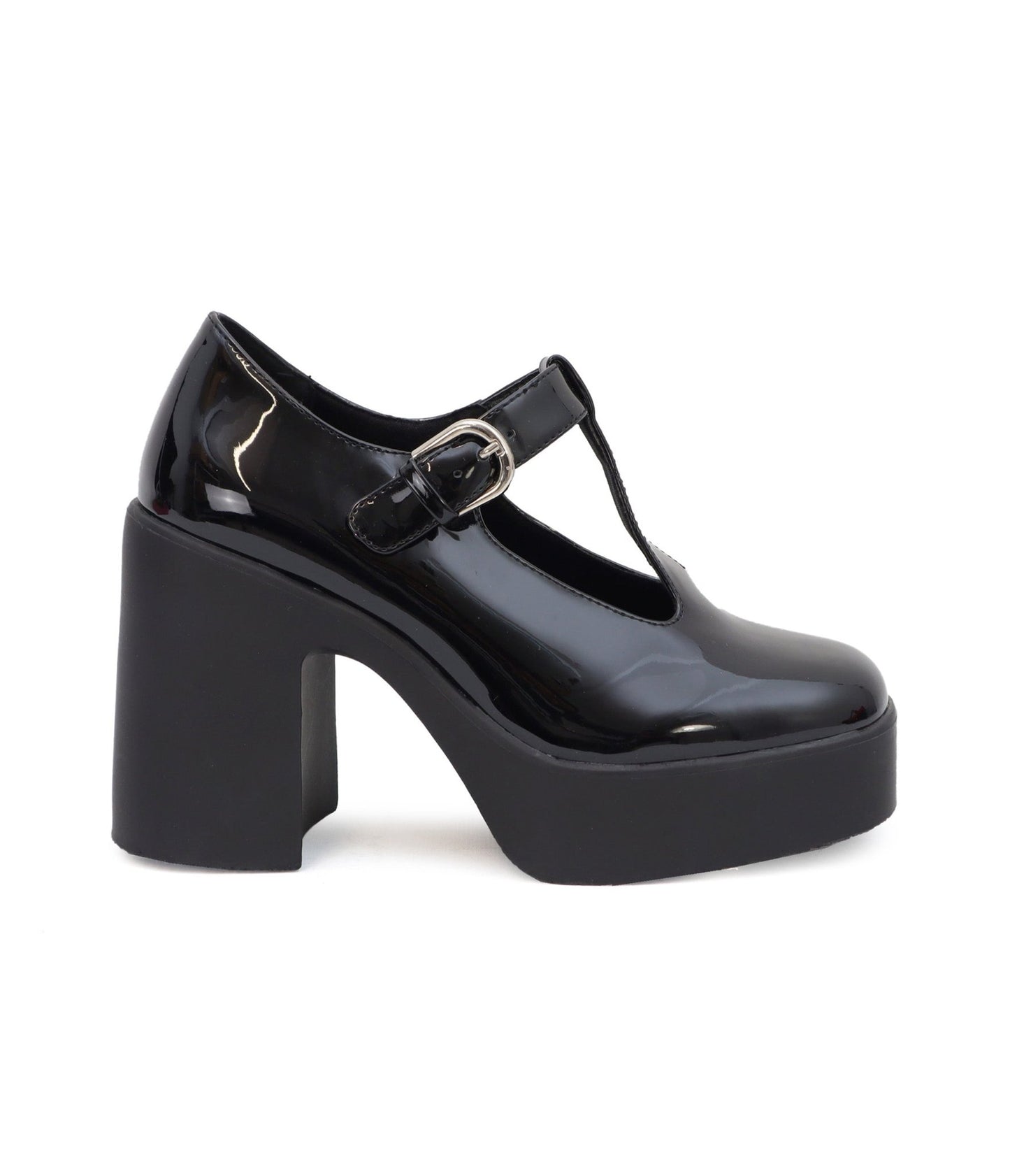1990s Black Patent Leatherette T - Strap Platforms - Unique Vintage - Womens, SHOES, HEELS