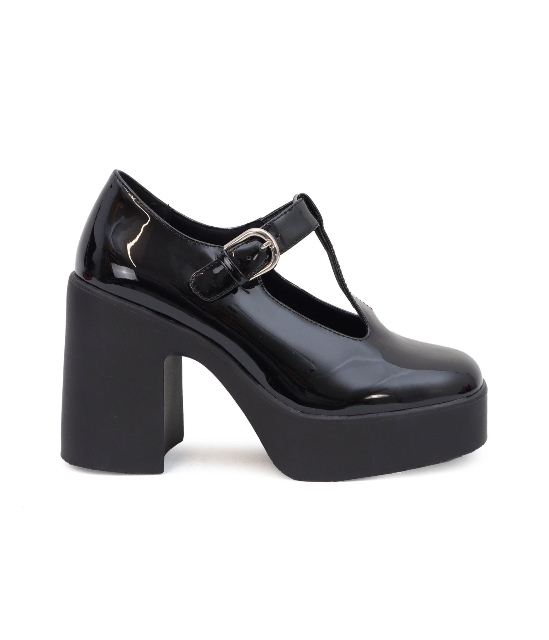 1990s Black Patent Leatherette T - Strap Platforms - Unique Vintage - Womens, SHOES, HEELS