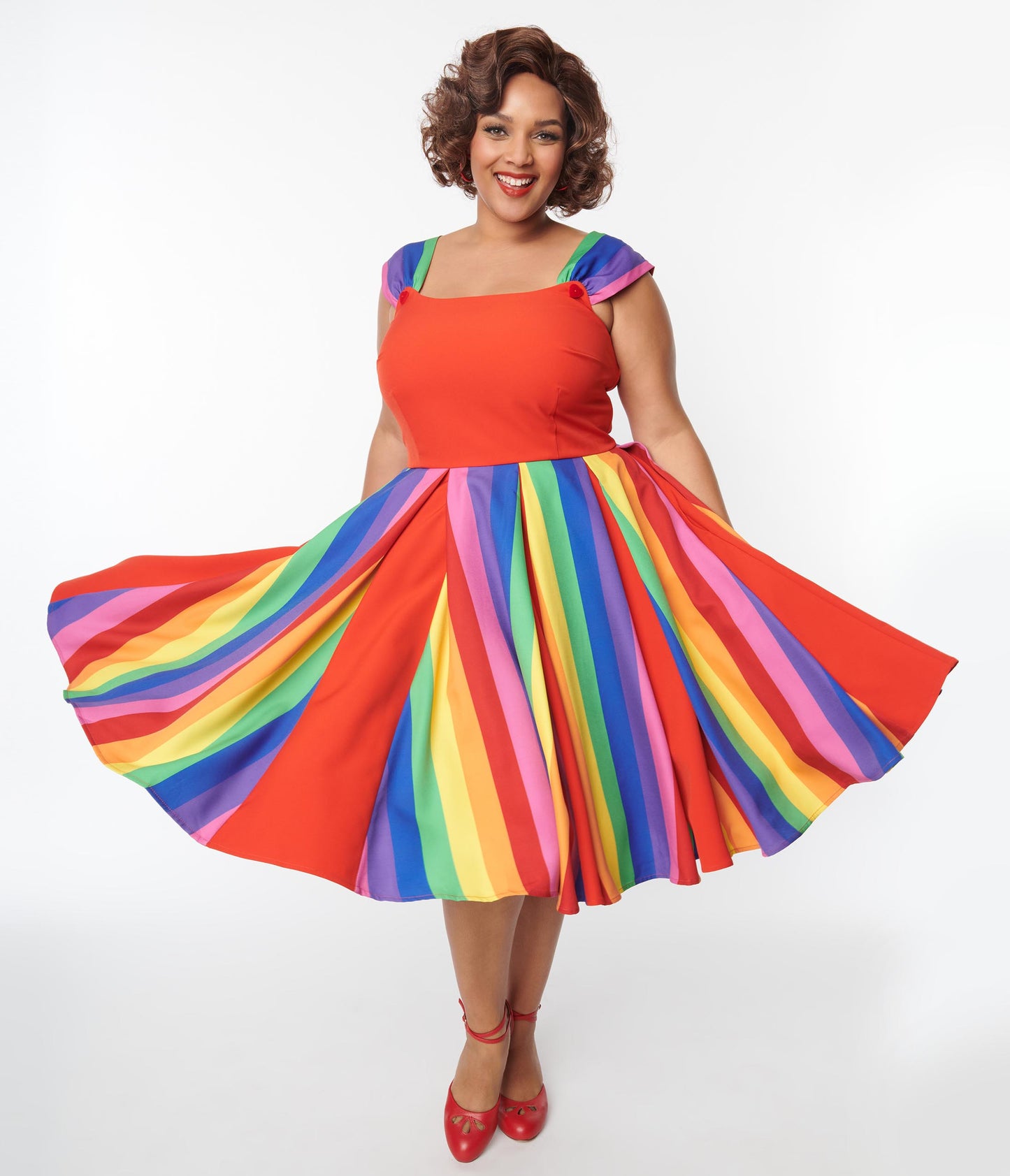 Unique Vintage Plus Size Red & Rainbow Stripe Swing Dress - Unique Vintage - Womens, DRESSES, SWING