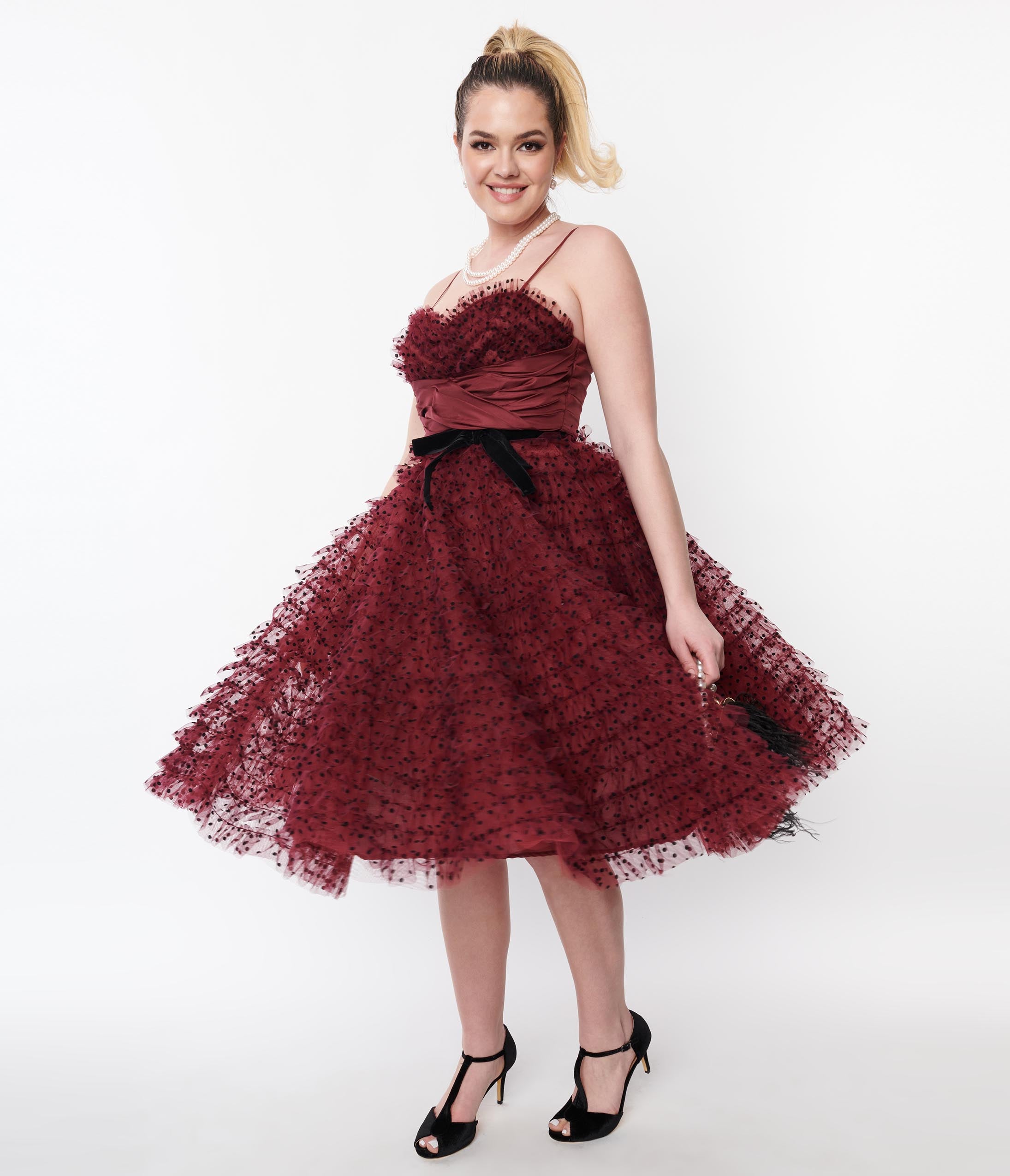 Unique Vintage Burgundy & Black Polka Dot Tulle Cupcake Swing Dress