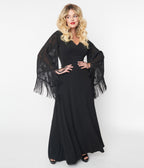 Smak Parlour 1970s Black Floral Fringe Sleeve Stevie Maxi Dress