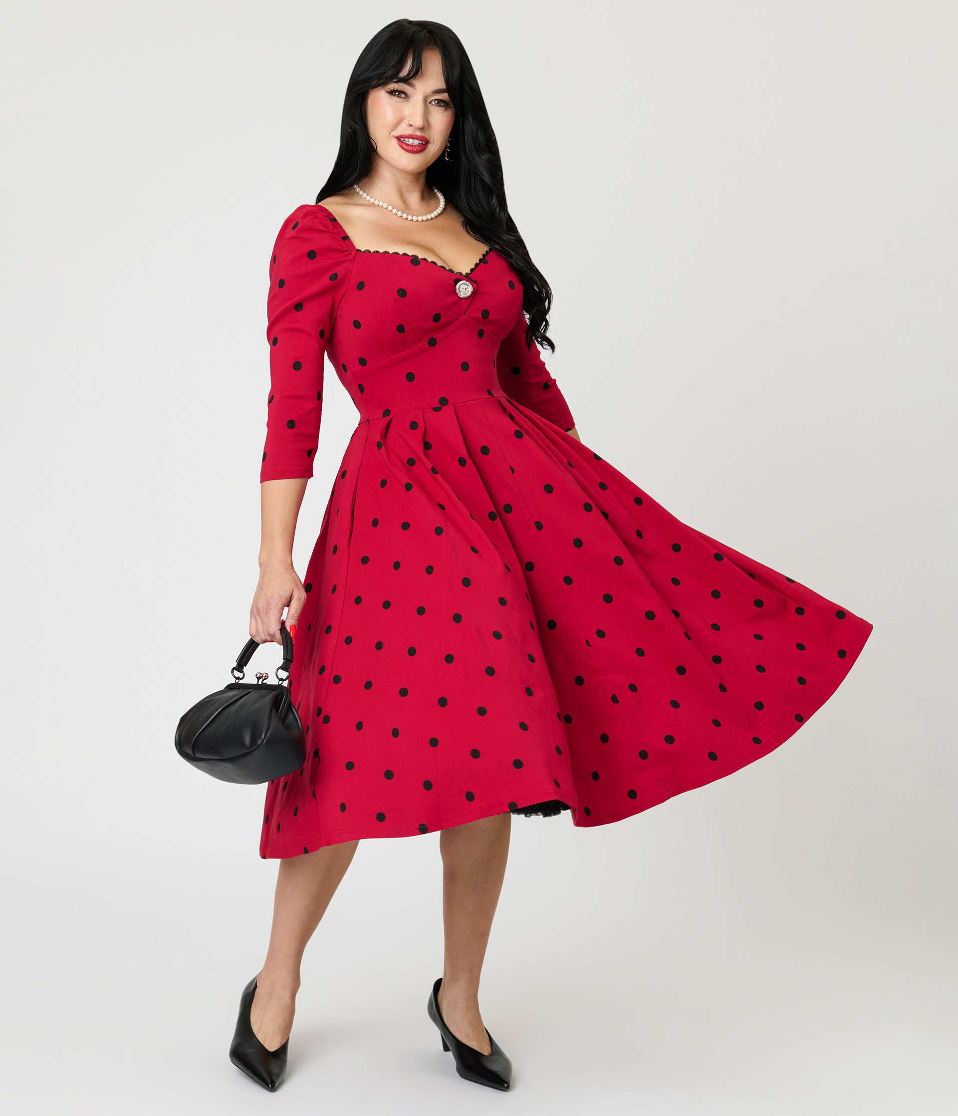 Unique Vintage Burgundy & Black Dot Sweetheart Lamar Swing Dress S/4