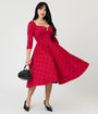 Unique Vintage Burgundy & Black Dot Sweetheart Lamar Swing Dress