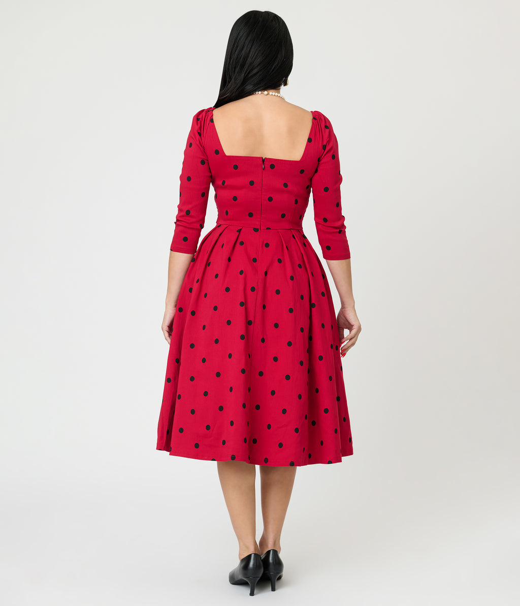 Unique Vintage Burgundy & Black Dot Sweetheart Lamar Swing Dress