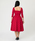 Unique Vintage Burgundy & Black Dot Sweetheart Lamar Swing Dress