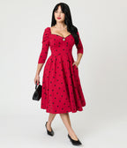 Unique Vintage Burgundy & Black Dot Sweetheart Lamar Swing Dress