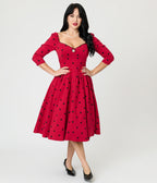 Unique Vintage Burgundy & Black Dot Sweetheart Lamar Swing Dress