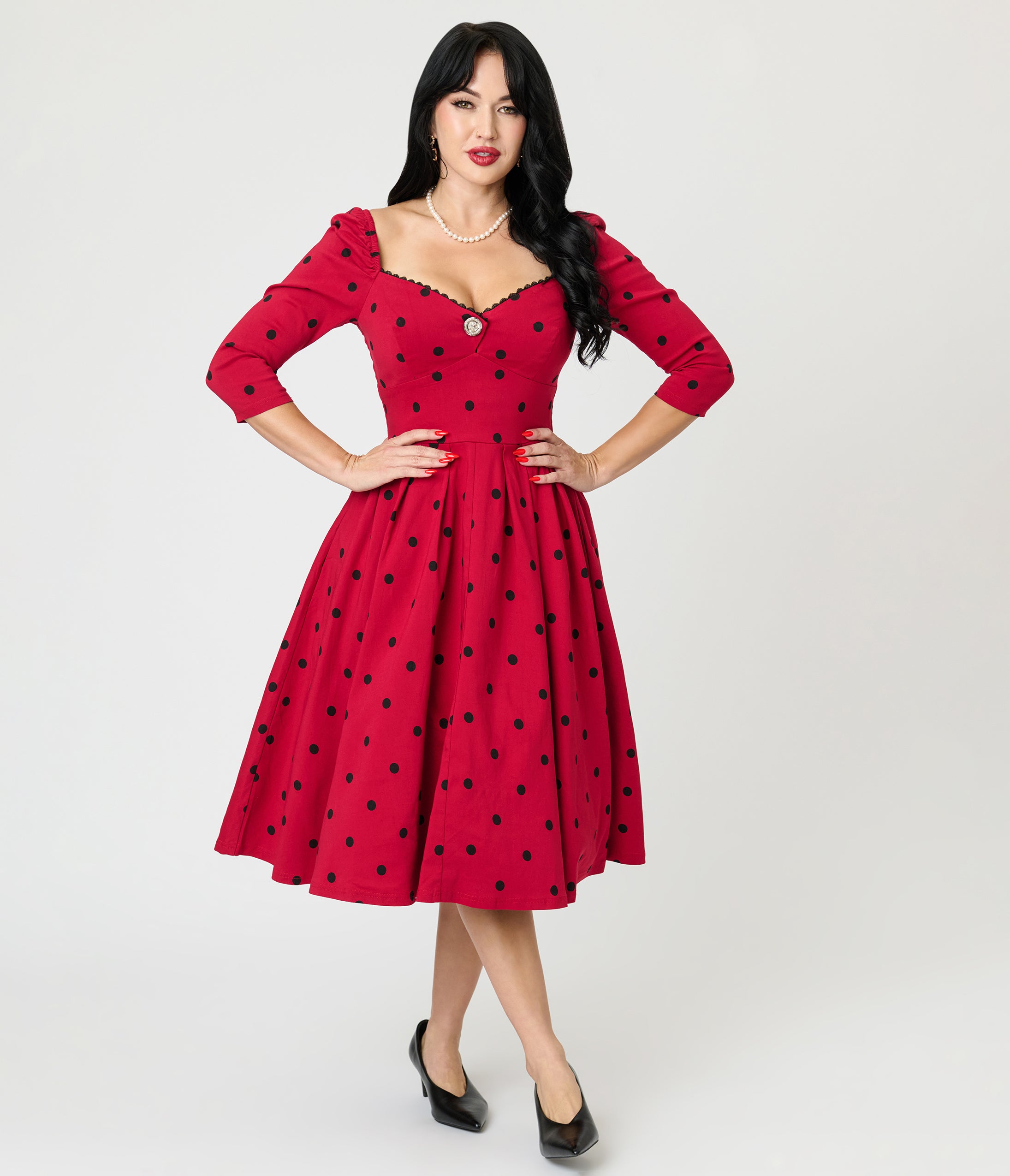 Unique Vintage Burgundy & Black Dot Sweetheart Lamar Swing Dress