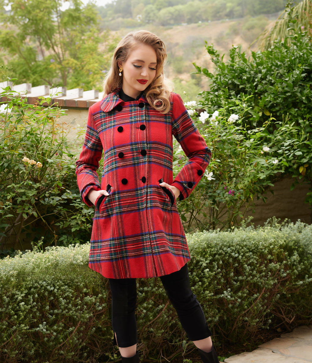 Unique Vintage 1960s Red Plaid Peacoat