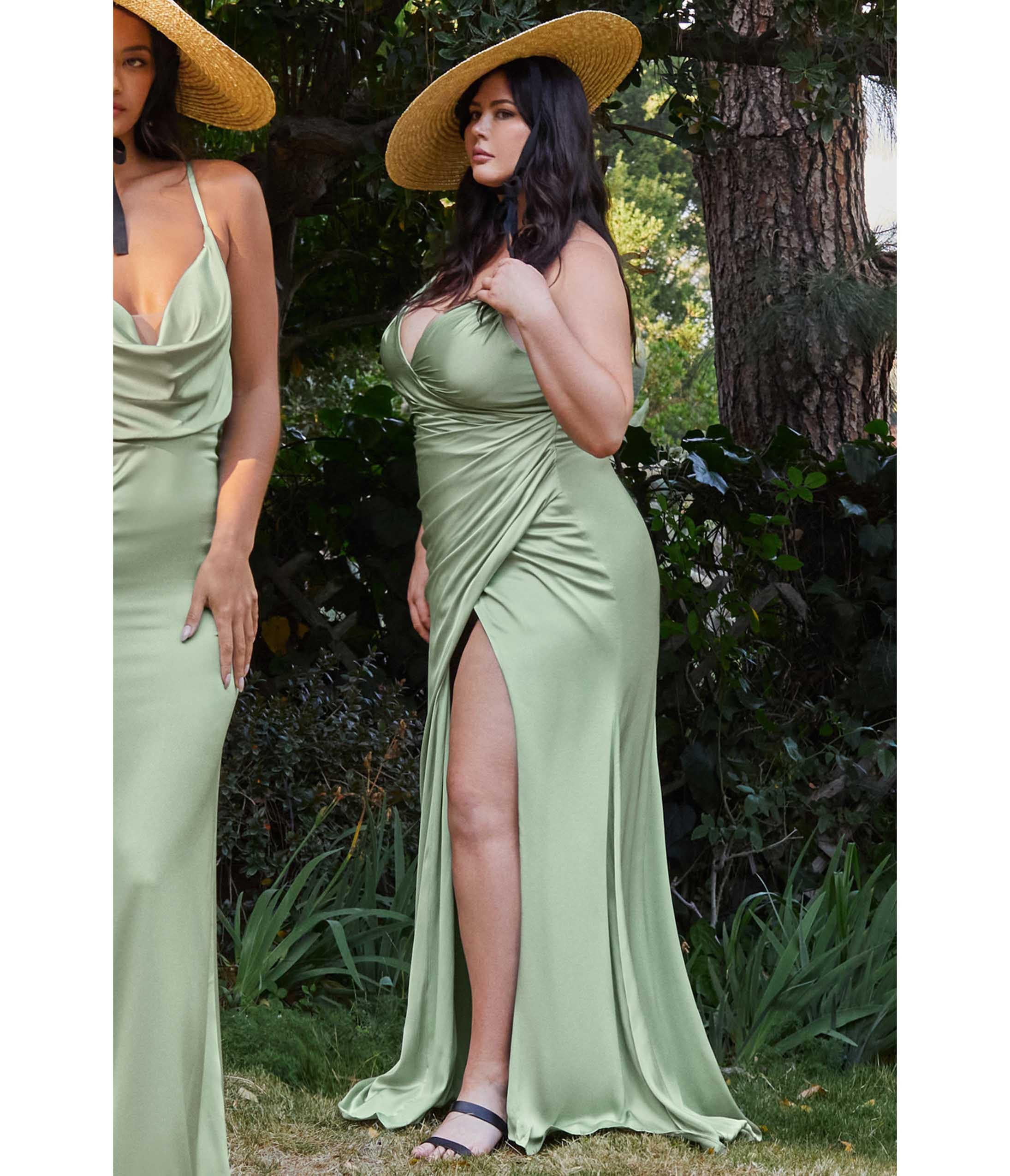 Ladivine by Cinderella Divine Plus Size Sage Ruched Satin Mystique Prom Gown