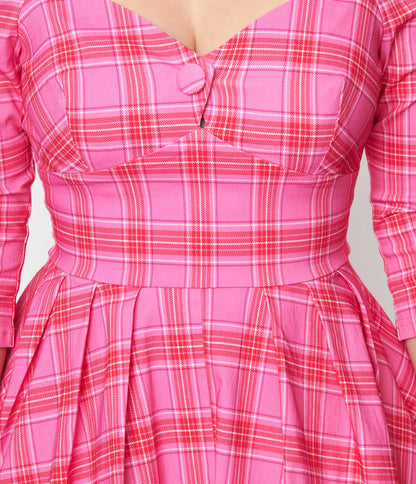 Unique Vintage Pink & Red Plaid Lamar Swing Dress
