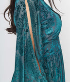 Unique Vintage Emerald Floral Fringe Flutter Sleeve Caftan