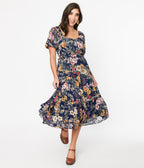 1970s Navy Blue Floral Puff Sleeve Midi Dress