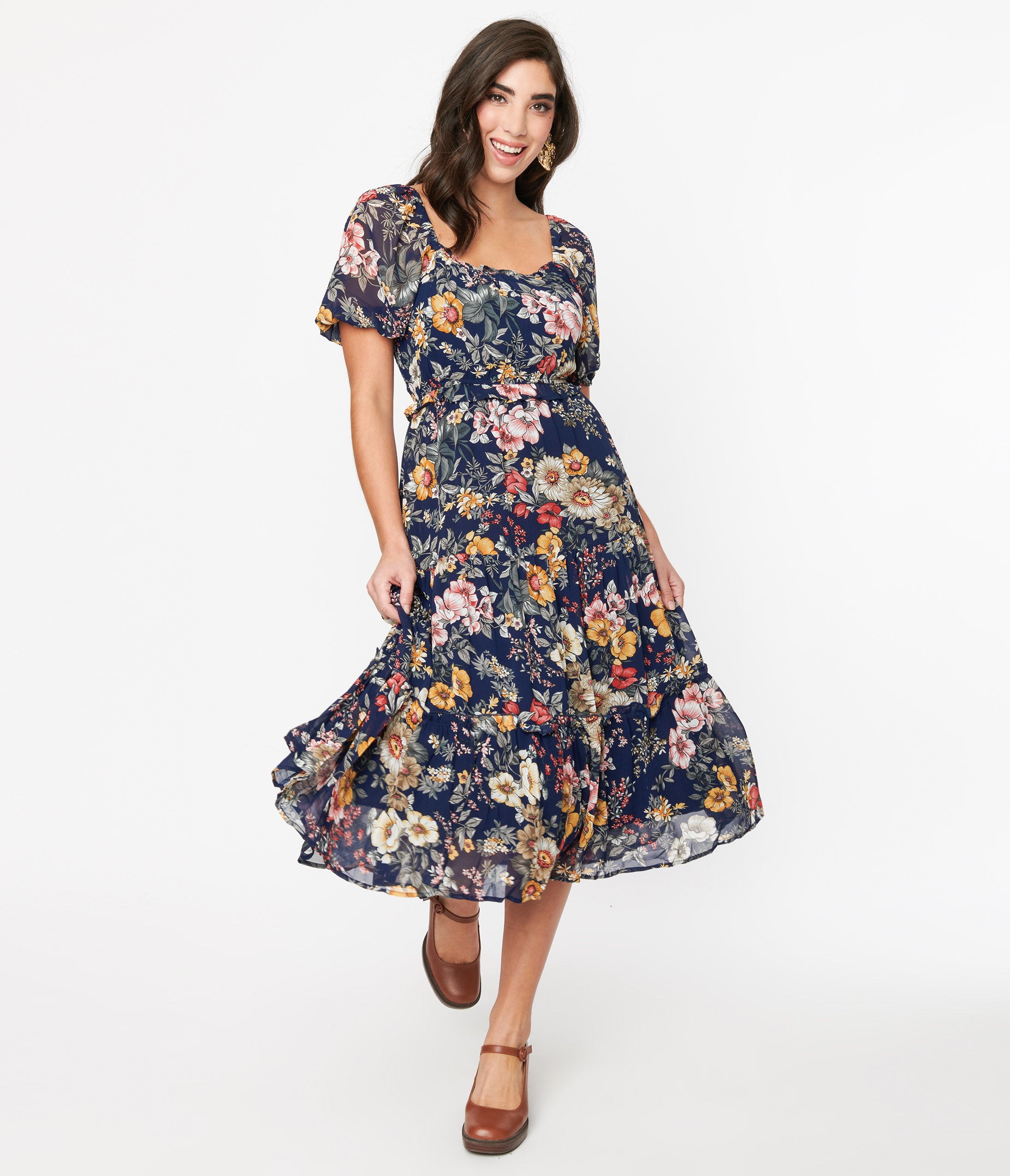 1970s Navy Blue Floral Puff Sleeve Midi Dress