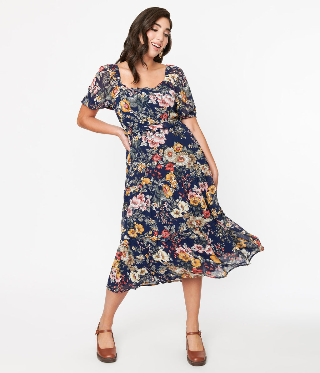 1970s Navy Blue Floral Puff Sleeve Midi Dress