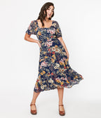 1970s Navy Blue Floral Puff Sleeve Midi Dress