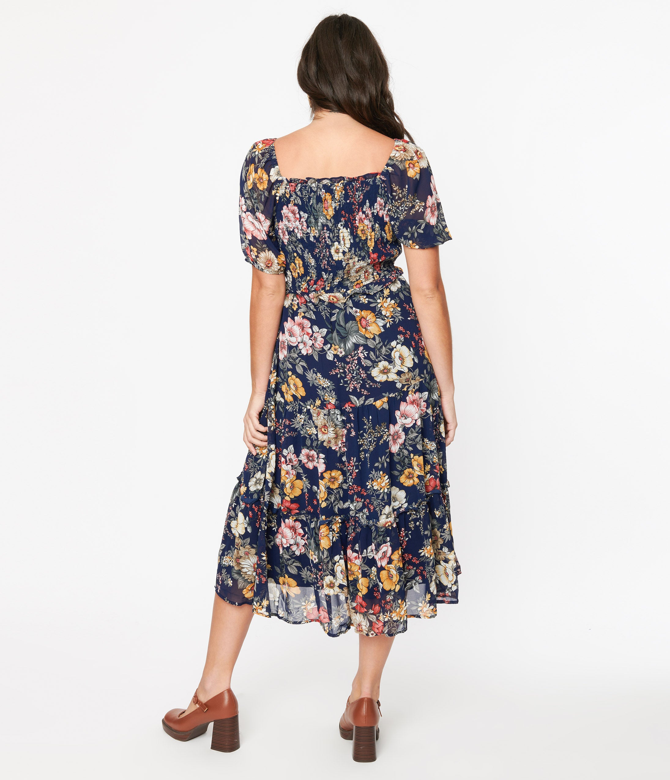 1970s Navy Blue Floral Puff Sleeve Midi Dress