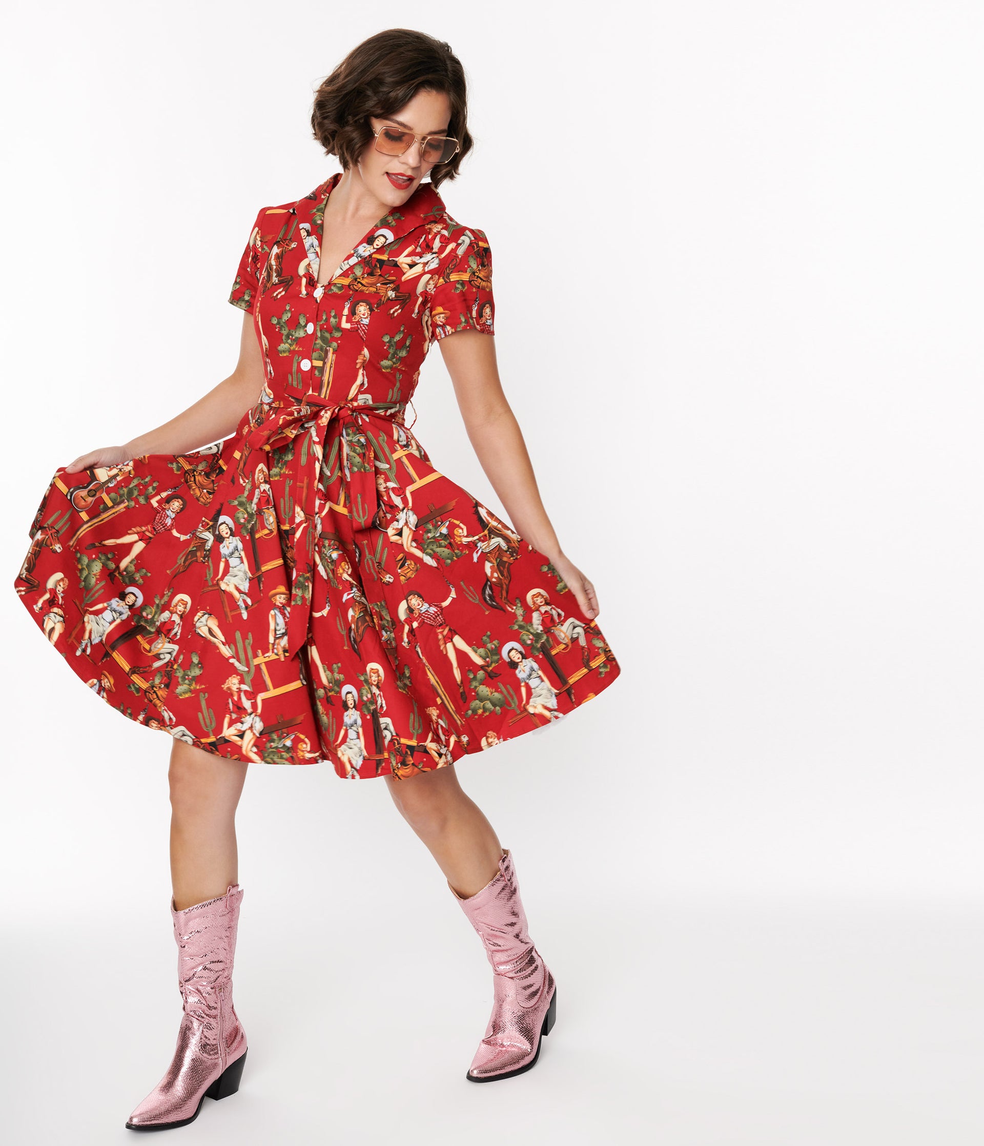 Red & Cowgirl Print Swing Shirt Dress Unique Vintage Red & Cowgirl Print Swing Shirt Dress Unique Vintage