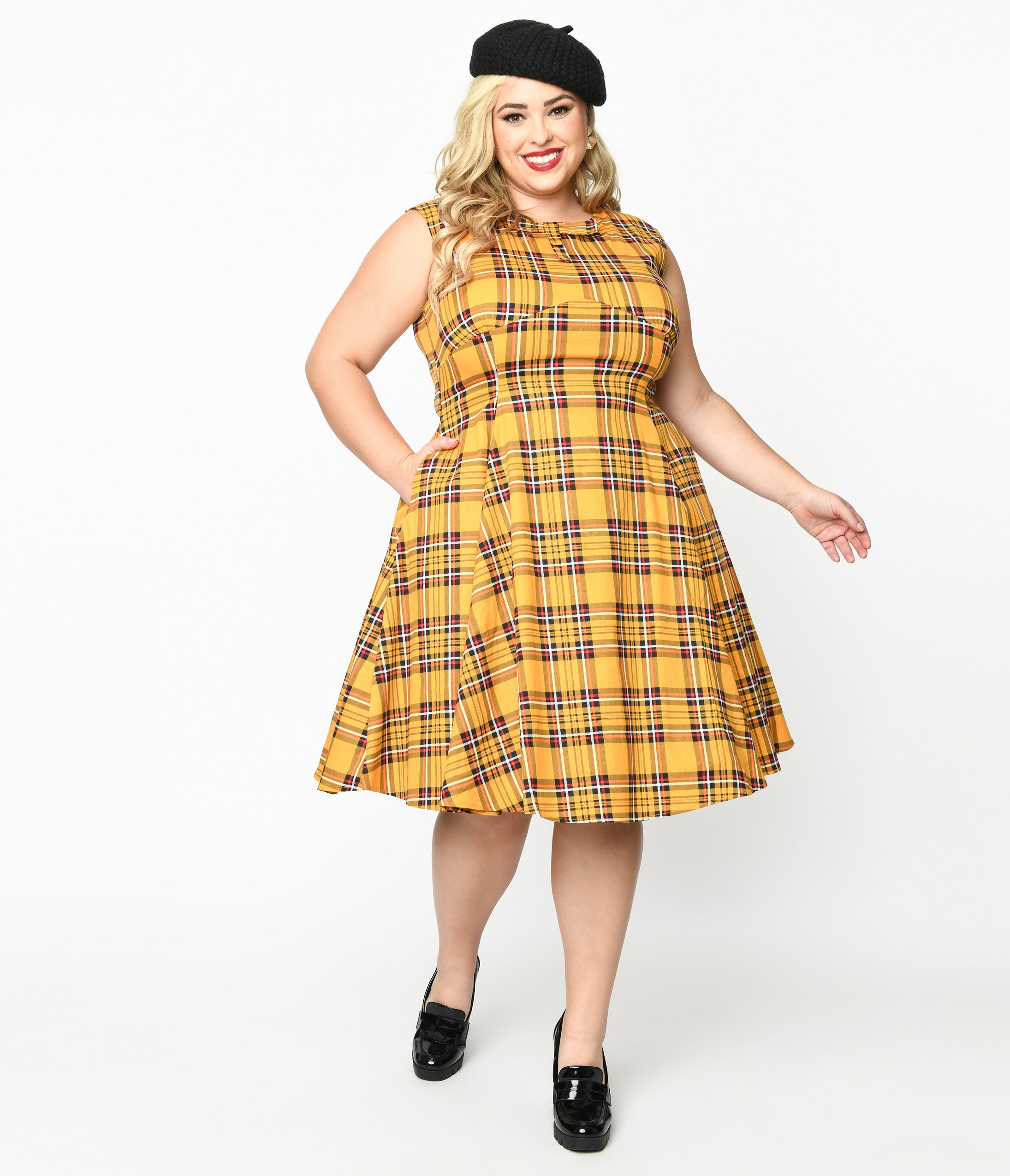 ワンピース Uhr Checkered Tiered Dress yellow&black Mustard & Black Plaid Swing Dress – Unique Vintage