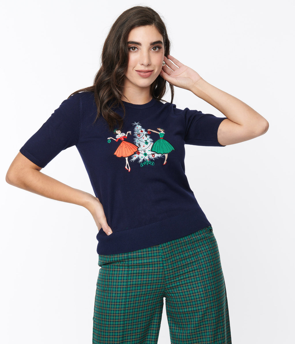 Navy Blue Vintage Christmas Darling Sweater