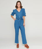 1970s Denim Puff Sleeve Jumpsuit